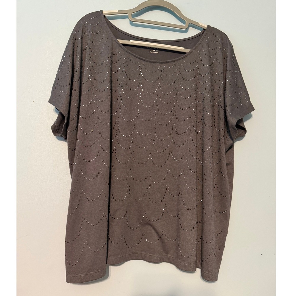 Apt. 9 Women's 2X Gray Rhinestone Scallop Short Sleeve Scoop Neck Knit Top 2048